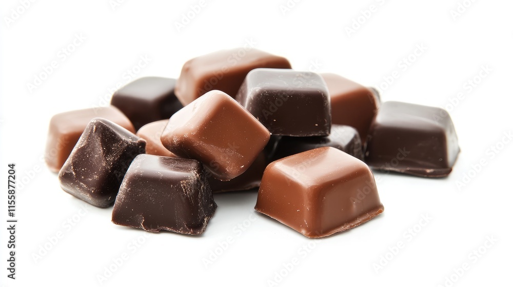 Assorted Dark and Milk Chocolate Pieces Piled on Clean White Background Assorted Dark and Milk Chocolate Pieces Piled on Clean White Background