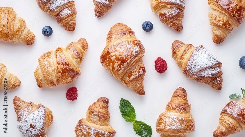 Assorted Freshly Baked Croissants with Berries and Mint Leaves on Bright White Background Assorted Freshly Baked Croissants with Berries and Mint Leaves on Bright White Background