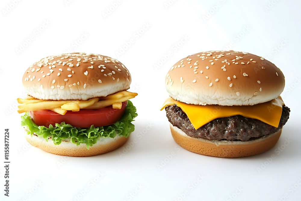 A vibrant split-screen image contrasting a plate of fresh vegetarian food with greens, grains, and vegetables on one side, and a greasy burger, fries, and soda on the other A vibrant split-screen image contrasting a plate of fresh vegetarian food with greens, grains, and vegetables on one side, and a greasy burger, fries, and soda on the other