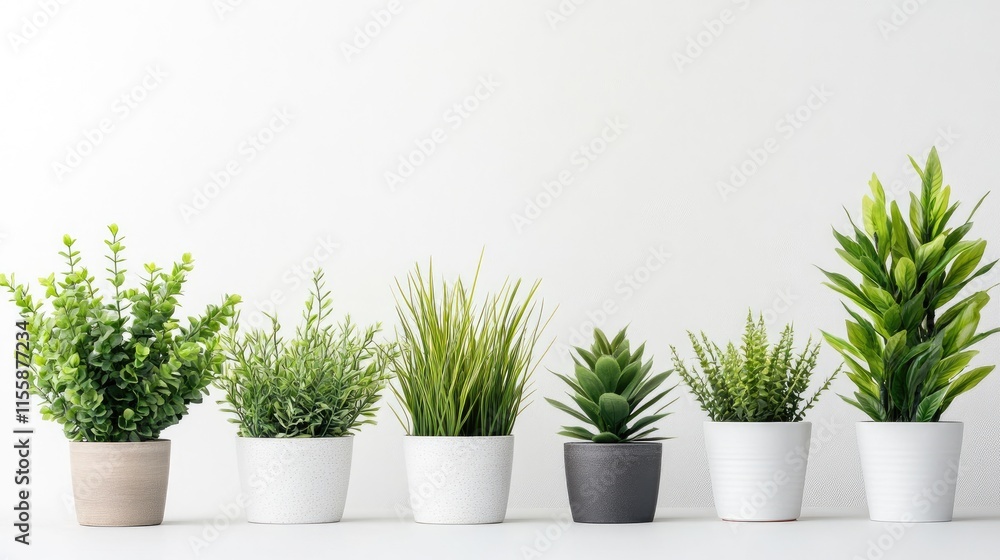 Assorted artificial indoor plants in white containers arranged on a minimalist background for home decor and design inspiration Assorted artificial indoor plants in white containers arranged on a minimalist background for home decor and design inspiration