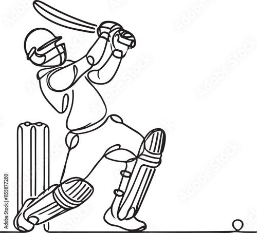 Cricket Batsman Batting in Minimalist Line Art Style