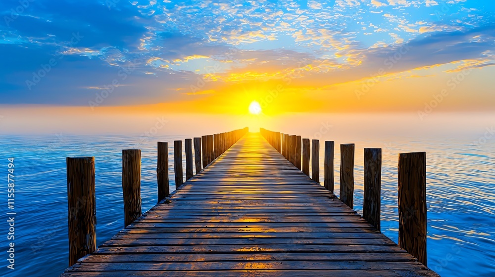 Obraz premium A serene image of a bridge disappearing into a misty horizon, with sunlight creating a pathway, symbolizing endless possibilities.