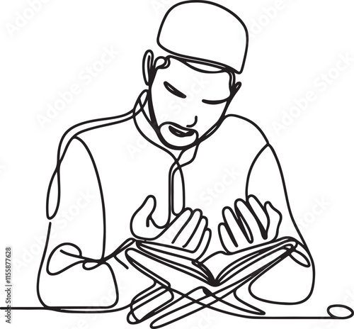 Minimalist Line Art of a Muslim Man Reciting the Quran