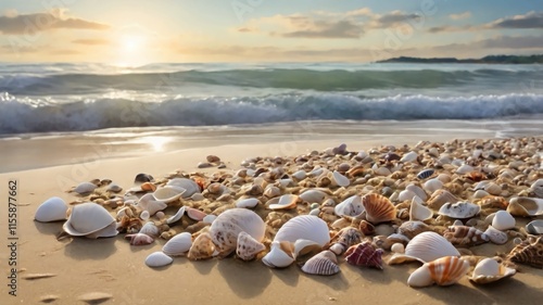 The tide rolls in, leaving smooth, wet sand and glistening seashells along the shore