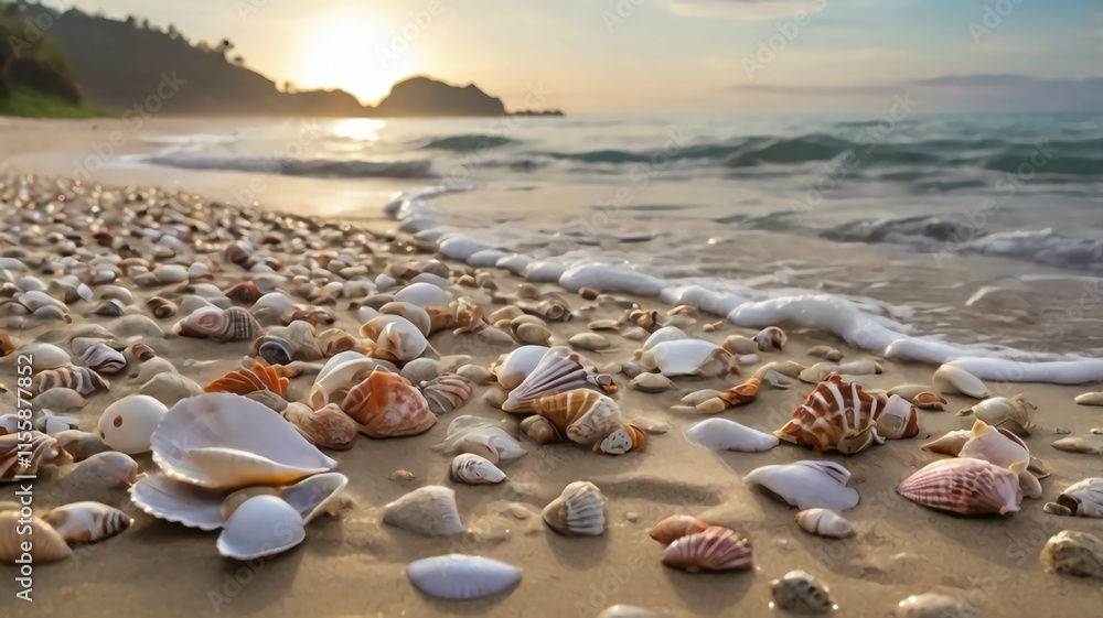 The tide rolls in, leaving smooth, wet sand and glistening seashells along the shore The tide rolls in, leaving smooth, wet sand and glistening seashells along the shore