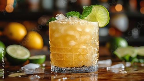 Refreshing citrus cocktail with mint and lime served on wooden bar counter