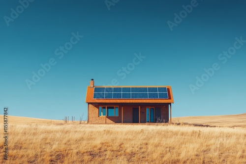 Sustainable wooden cabin with solar panels in a vast field under clear blue sky