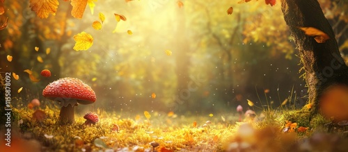 Enchanting autumn forest scene with backlit mushrooms and warm sunlight creating a serene atmosphere for text placement and nature themes photo