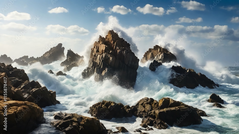 Waves crash against the rocks, sending sprays of water into the air on a rugged coastline Waves crash against the rocks, sending sprays of water into the air on a rugged coastline