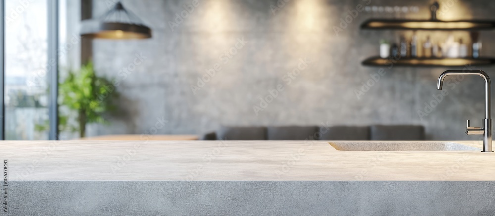 Modern bar desk with sink in cream tones featuring a blurred cement background of a stylish living room with space for text. Modern bar desk with sink in cream tones featuring a blurred cement background of a stylish living room with space for text.