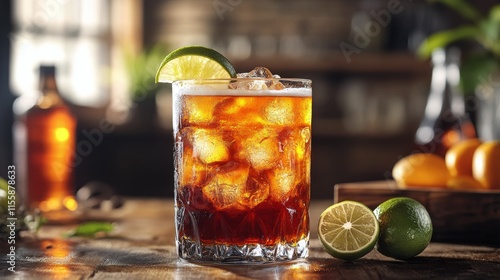 Refreshing iced drinks with lime garnishes served on a wooden table at a casu...