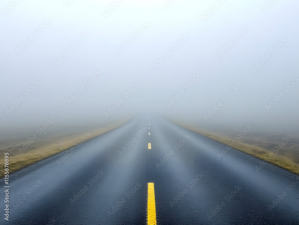 Fototapeta premium Serene Foggy Road Stretching Into the Unknown Surrounded by Mysterious Mist in a Quiet Landscape Evoking a Sense of Adventure and Exploration