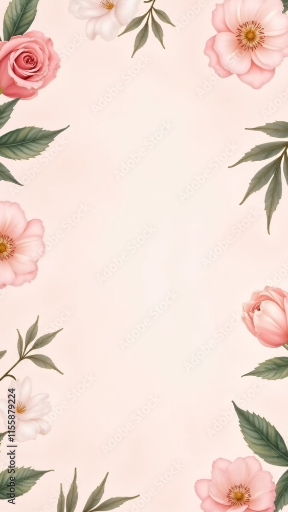 Fototapeta premium Romantic bouquets of roses, tulips, and cannabis leaves in blush pink, ivory, and emerald on a pastel pink background; seamless luxury pattern for Valentine’s-themed projects.