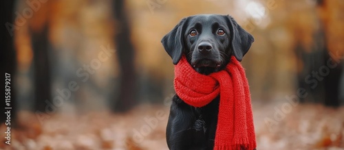 Black dog in red scarf posing calmly in autumn park with blurred trees and fallen leaves ideal for text overlay and pet-themed promotions photo