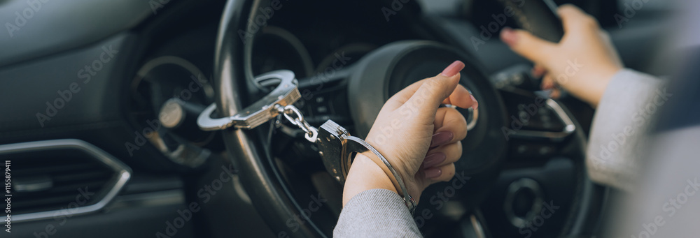 Fototapeta premium The female driver's hand is tied to the steering wheel with a handcuff (Assault, Addiction)