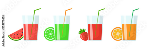 Set of glass juice glass icons with drinking tube, with pieces of fruit. On white background. Watermelon, strawberry, orange juice. Vector graphics 
