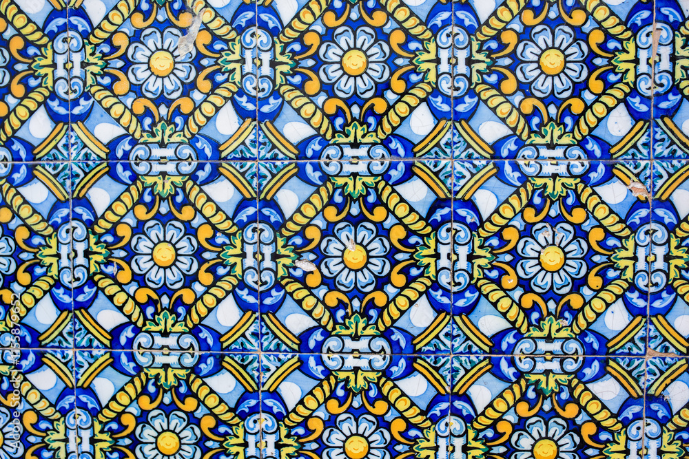 A combination of classic blue and white ceramic tiles with geometric and floral motifs. A combination of classic blue and white ceramic tiles with geometric and floral motifs.