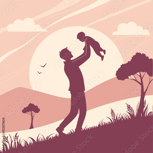 A heartwarming silhouette of a father cradling a baby at sunset, bathed in pastel hues and soft glowing edges.