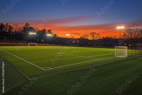 Brightly lit soccer field at sunset with vibrant sky and lush green grass