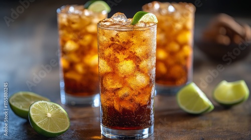 Refreshing iced drinks with lime garnishes served on a wooden table at a casu...