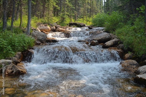 Water flowing through stone entrance surrounded by lush ferns in a forest set...