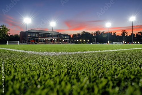 Brightly lit soccer field at sunset with vibrant sky and lush green grass
