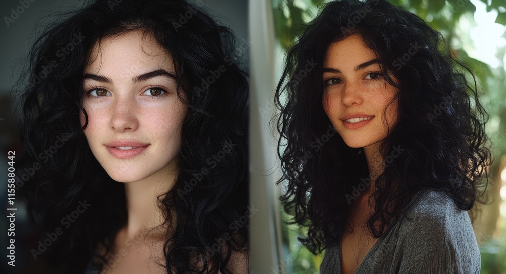 Radiant Young Woman Exuding Beauty with Curly Black Hair in a Joyful Collage of Smiles Radiant Young Woman Exuding Beauty with Curly Black Hair in a Joyful Collage of Smiles