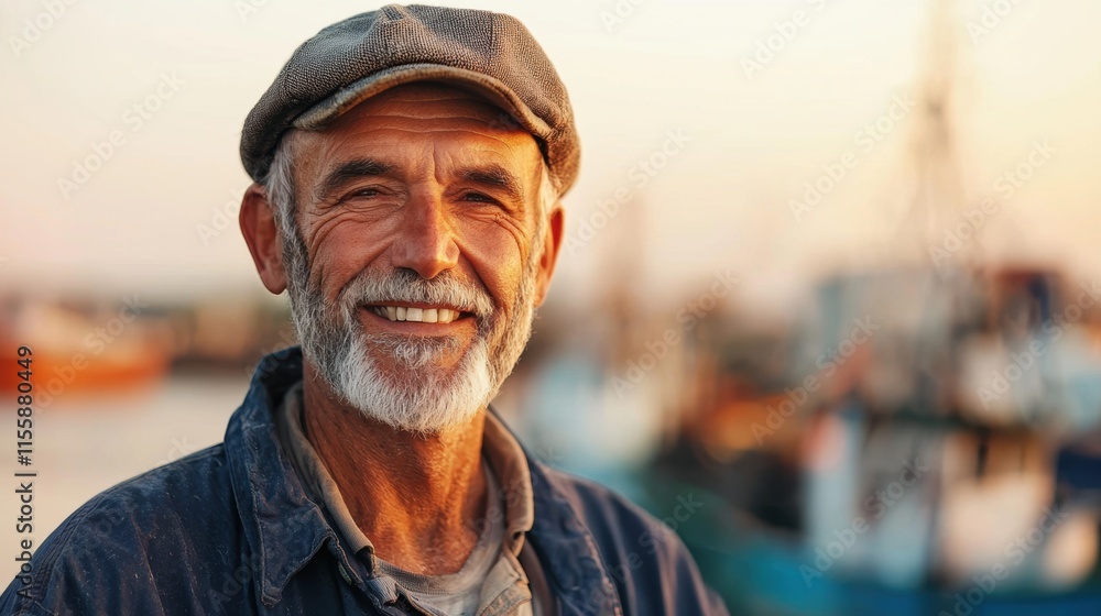 Fototapeta premium Elderly man smiles warmly at sunset near fishing boats in harbor