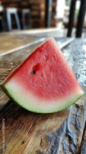 Freshly cut triangular watermelon slice on wooden table during sunset in a se...