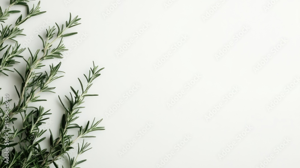 Fragrant rosemary sprigs arranged on a clean white background with ample space for text and design elements in fresh green shades. Fragrant rosemary sprigs arranged on a clean white background with ample space for text and design elements in fresh green shades.
