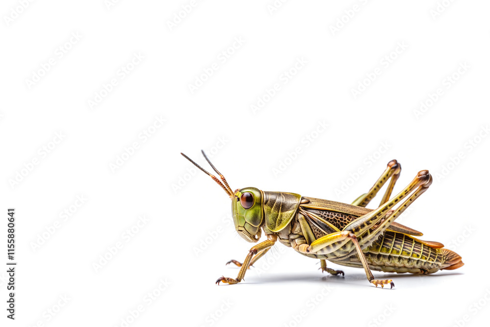 Close-Up of Grasshopper on Right Side of White Background with Copy Space, Highlighting Detailed Anatomy and Vibrant Colors Close-Up of Grasshopper on Right Side of White Background with Copy Space, Highlighting Detailed Anatomy and Vibrant Colors