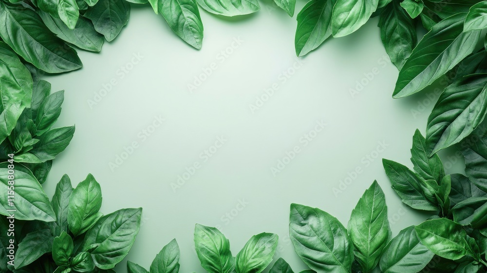 Fresh green basil leaves creating a lush vibrant border on a pastel green background with ample space for text overlay in the center. Fresh green basil leaves creating a lush vibrant border on a pastel green background with ample space for text overlay in the center.