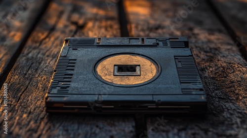 Retro tech on rustic wood. photo