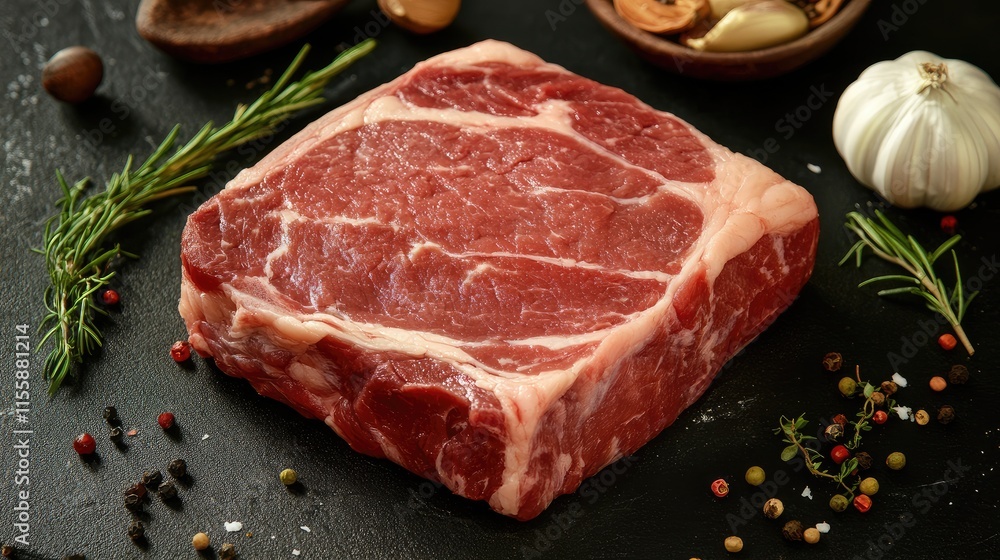 Fresh pork steak surrounded by herbs and spices on dark background with blank space for culinary text or recipe ideas Fresh pork steak surrounded by herbs and spices on dark background with blank space for culinary text or recipe ideas