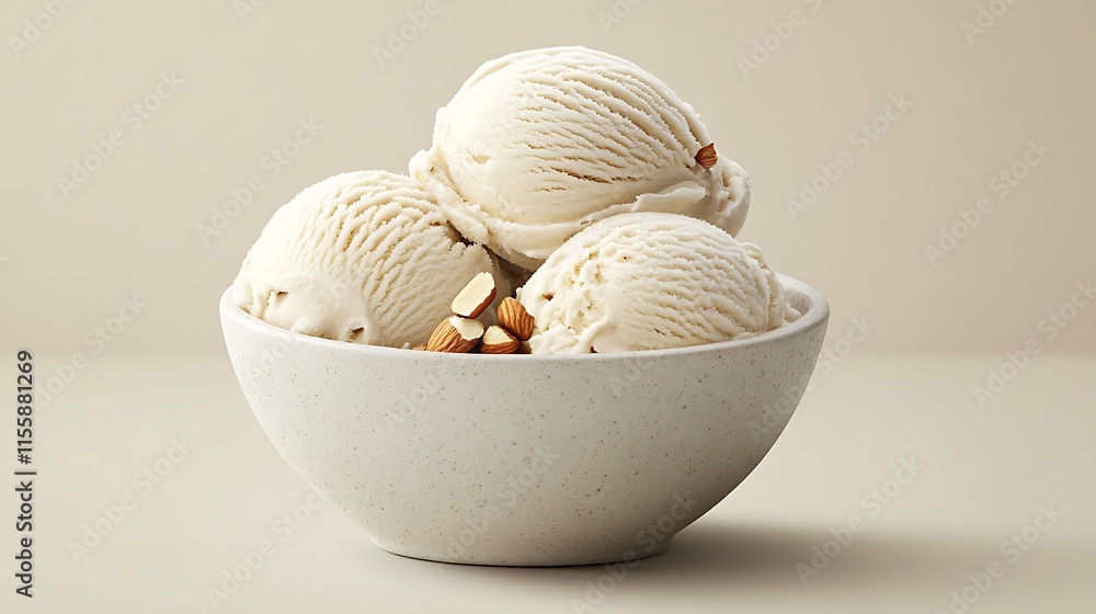 Illustrate a bowl of almond milk ice cream scoops with a realistic texture and creamy appearance Illustrate a bowl of almond milk ice cream scoops with a realistic texture and creamy appearance