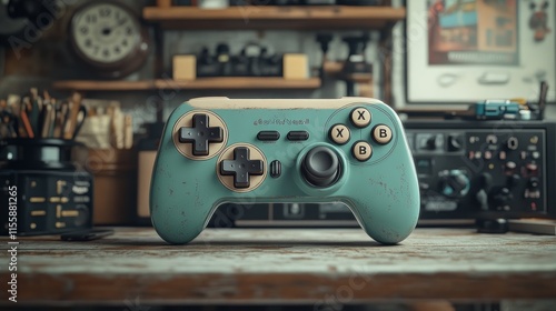 Retro-styled teal gaming controller on wooden desk. photo