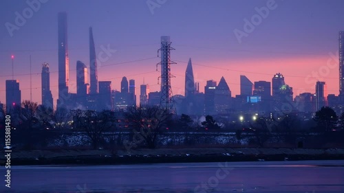 Morning skyline Manhattan winter weather, snow hazy view