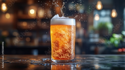 Chilling beer poured into a frosty glass at a cozy bar in the evening