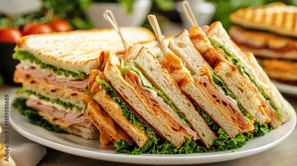 Variety of Tasty Sandwiches Arranged on a Buffet Table for Catering and Events Variety of Tasty Sandwiches Arranged on a Buffet Table for Catering and Events