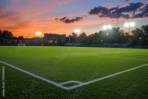 Brightly lit soccer field at sunset with vibrant sky and lush green grass