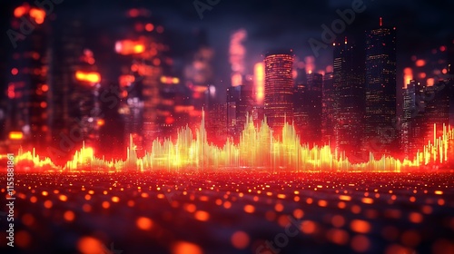 Futuristic cityscape with glowing red lights and digital skyline in the night : Generative AI