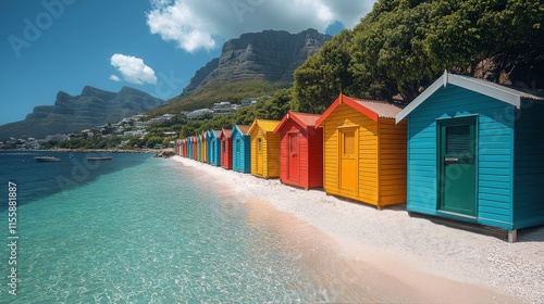 Colorful beach huts lined along the coast near a cliff during a cloudy day