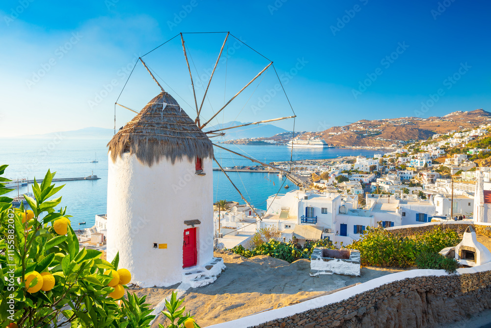 Famous Mykonos town windmills, Mykonos island, Cyclades, Greece