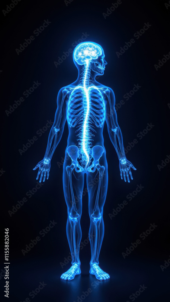 A humanoid figure showcasing a full-body skeleton with a highlighted vagus nerve, representing Vagus Nerve Stimulation (VNS). A humanoid figure showcasing a full-body skeleton with a highlighted vagus nerve, representing Vagus Nerve Stimulation (VNS).