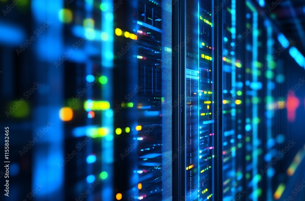 Naklejka premium High-Tech Server Room with Glowing Network Connections : Generative AI