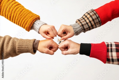 Diverse hands connecting with puzzle piece, symbolizing teamwork and unity photo