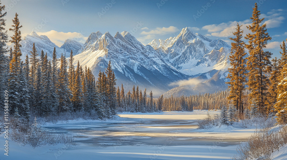 Winter snow covered mountain peaks with large trees, Fantastic winter landscape with snowy trees and melting snow, clear blue sky and untouched white snow with large trees. Winter snow covered mountain peaks with large trees, Fantastic winter landscape with snowy trees and melting snow, clear blue sky and untouched white snow with large trees.