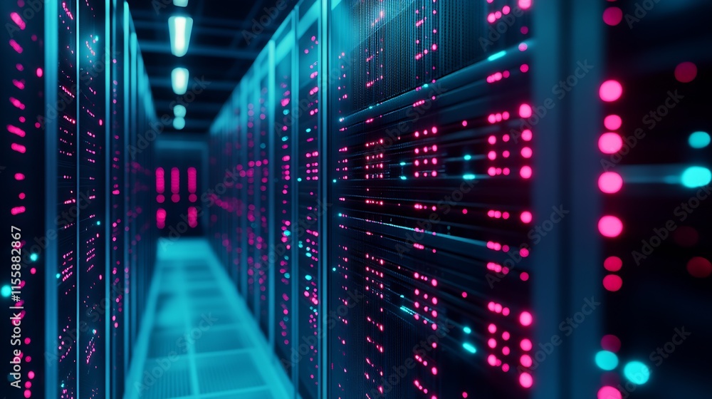 Abstract perspective view of modern server racks with glowing blue and pink LED lights in futuristic data center : Generative AI Abstract perspective view of modern server racks with glowing blue and pink LED lights in futuristic data center : Generative AI