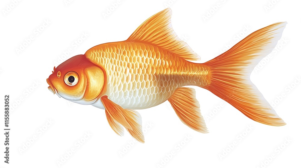 Illustrate a goldfish with an emphasis on its anatomical features, including two pairs of fins and three single fins Illustrate a goldfish with an emphasis on its anatomical features, including two pairs of fins and three single fins