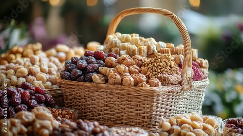 Traditional Middle Eastern sweets displayed on an ornate wooden tray with var...
